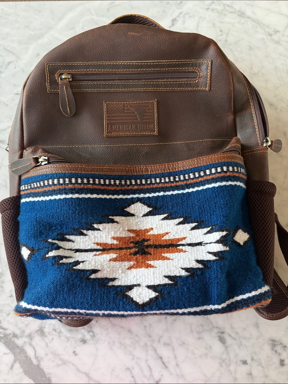 American Bison distressed brown leather and Aztec blanket/rug backpack NWT